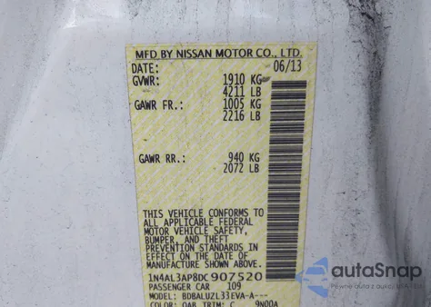 2013 Nissan Altima 2.5 Sv z USA, uszkodzony, nr VIN 1N4AL3AP8DC907520